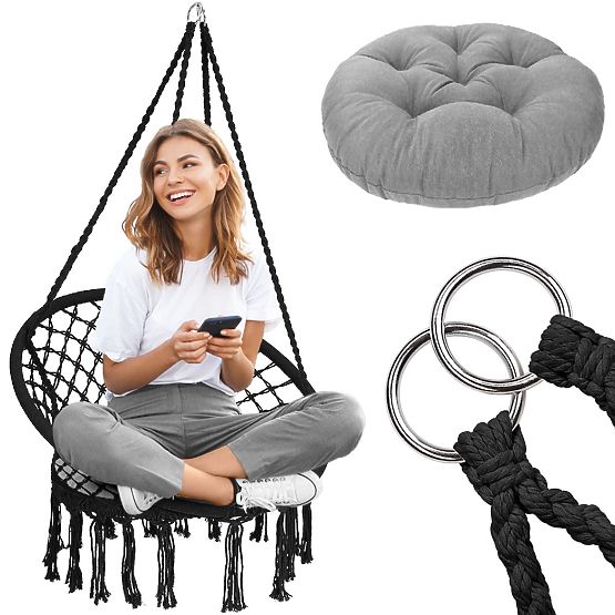 Fauteuil suspendu boho avec coussin noir 490129A