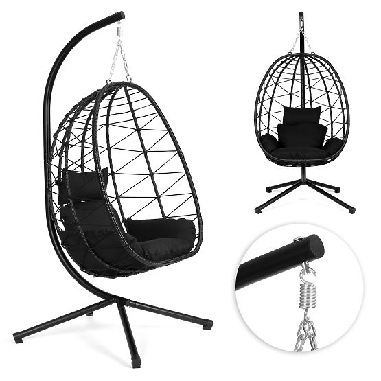 Fauteuil suspendu de jardin autoportant cocon jusqu'à 120 kg avec coussins noirs MultiGarden