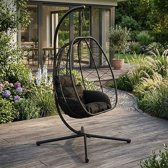 Fauteuil suspendu de jardin autoportant cocon jusqu'à 120 kg avec coussins noirs MultiGarden