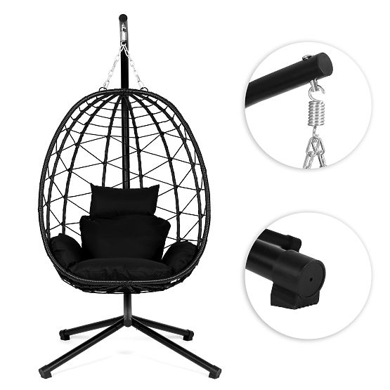 Fauteuil suspendu de jardin autoportant cocon jusqu'à 120 kg avec coussins noirs MultiGarden
