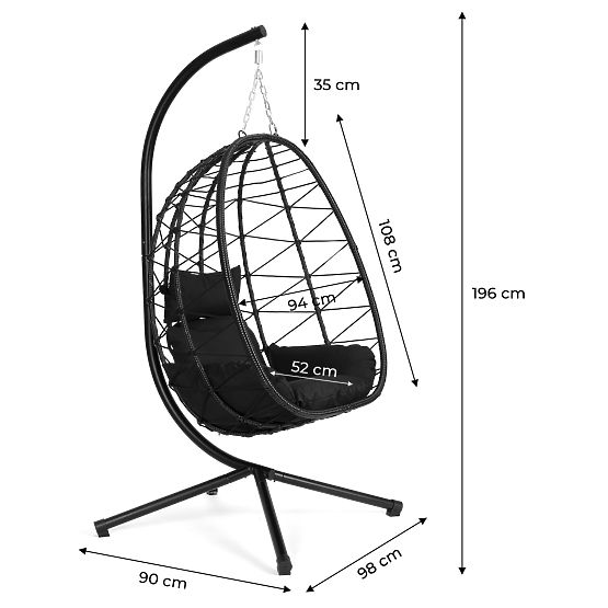 Fauteuil suspendu de jardin autoportant cocon jusqu'à 120 kg avec coussins noirs MultiGarden