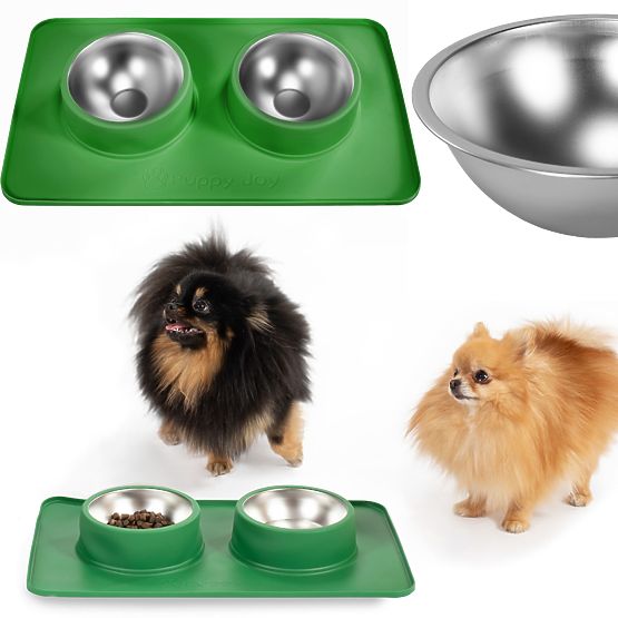 Gamelles en Métal pour Chien ou Chat avec Tapis Antidérapant Vert PJ-087