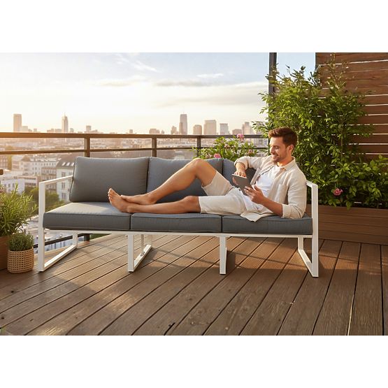 Grand canapé de terrasse trois places 204 cm MOSTRARE aluminium blanc
