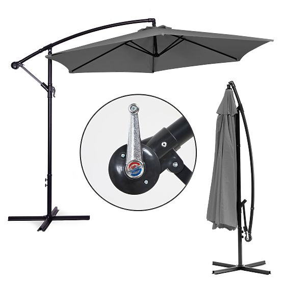 Grand parasol de jardin pliable sur bras 3m gris 6 nervures