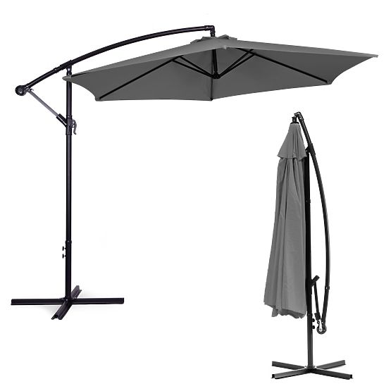 Grand parasol de jardin pliable sur bras 3m gris 6 nervures