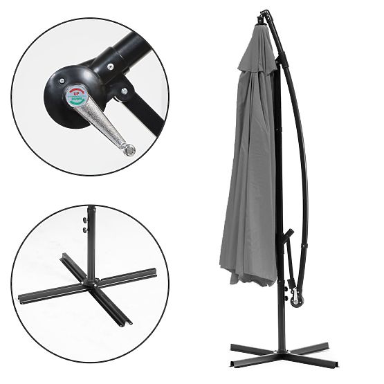 Grand parasol de jardin pliable sur bras 3m gris 6 nervures