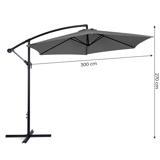 Grand parasol de jardin pliable sur bras 3m gris 6 nervures