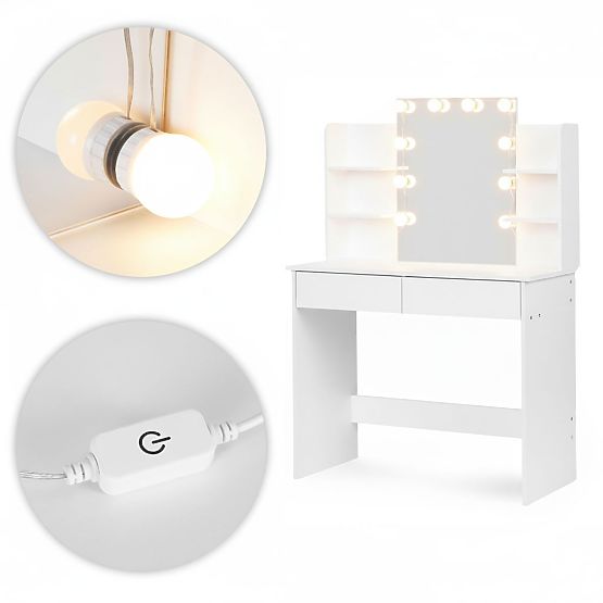 Grande coiffeuse avec miroir et éclairage LED 3 couleurs étagères tiroirs ModernHome