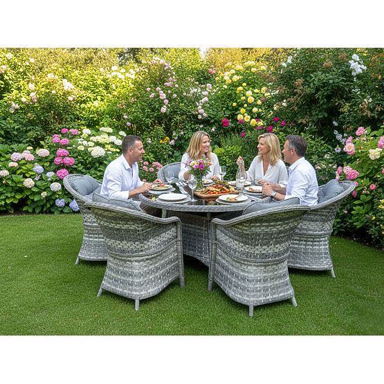 Grande ensemble de salle à manger en résine tressée (6 fauteuils + table) MODERNO gris clair