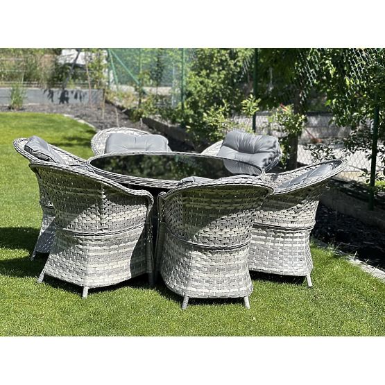 Grande ensemble de salle à manger en résine tressée (6 fauteuils + table) MODERNO gris clair