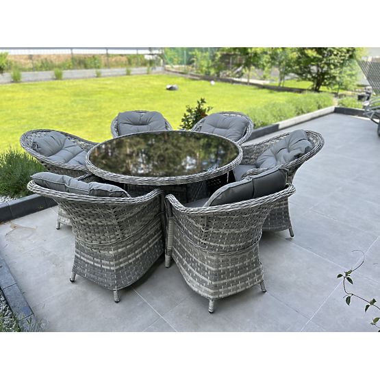 Grande ensemble de salle à manger en résine tressée (6 fauteuils + table) MODERNO gris clair