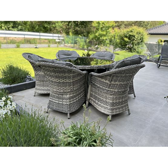 Grande ensemble de salle à manger en résine tressée (6 fauteuils + table) MODERNO gris clair