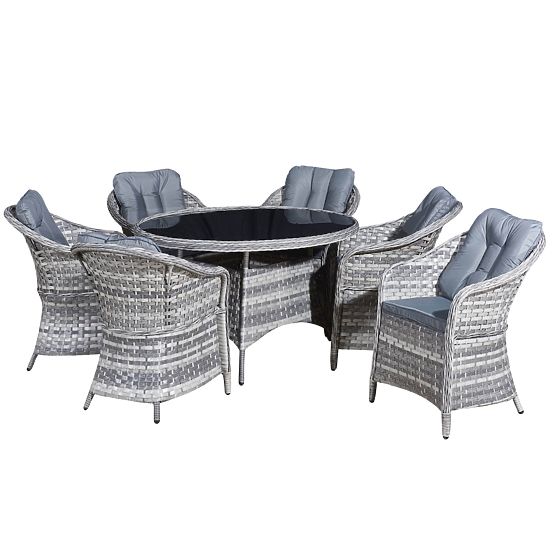 Grande ensemble de salle à manger en résine tressée (6 fauteuils + table) MODERNO gris clair