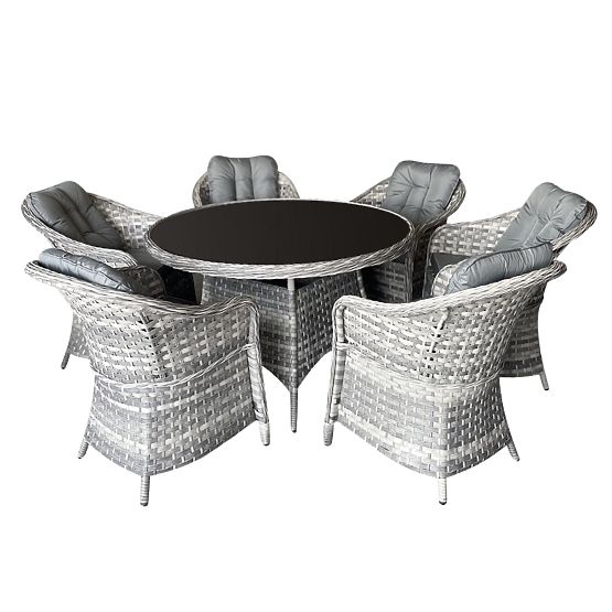 Grande ensemble de salle à manger en résine tressée (6 fauteuils + table) MODERNO gris clair