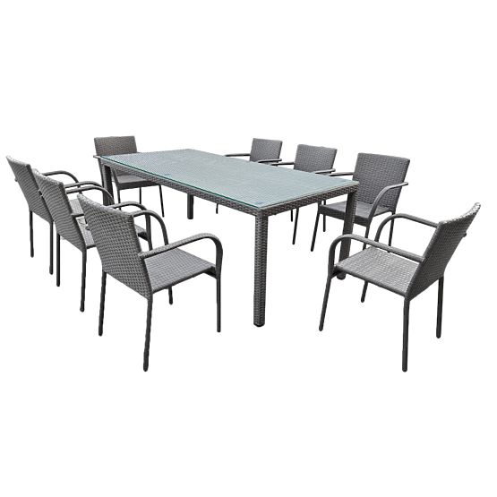 Grande ensemble de salle à manger en résine tressée (8 chaises + grande table) SOTTILE gris