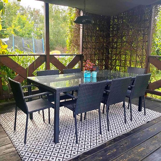 Grande ensemble de salle à manger en résine tressée (table 200x100cm + 8 chaises) SOTTILE noir