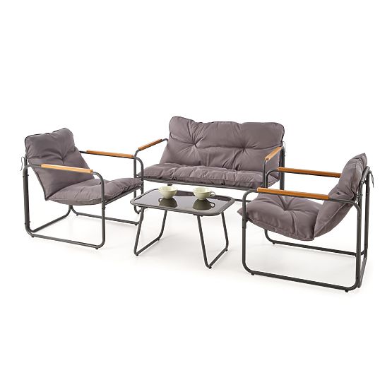 HUDSON, ensemble de jardin (canapé, 2x fauteuil, table), gris / marron (1p=1set)