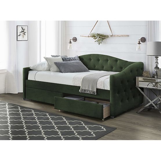 Lit capitonné avec tiroirs ALOHA 90 x 200 cm - Vert foncé