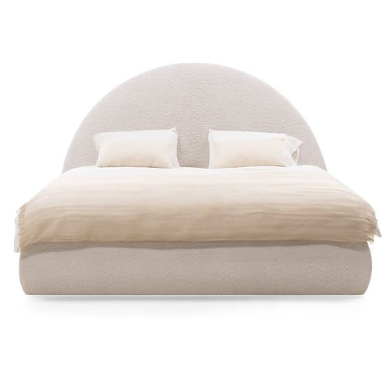 Lit en tissu Orbi 140x200 cm, avec sommier et espace de rangement, arrondi, beige
