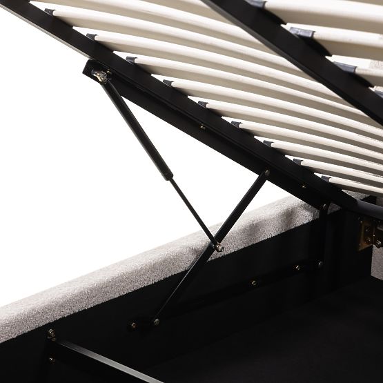 Lit en tissu Orbi 140x200 cm, avec sommier et espace de rangement, arrondi, beige