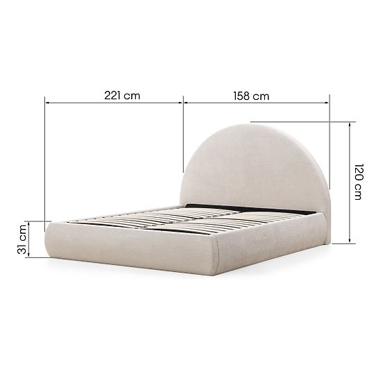 Lit en tissu Orbi 140x200 cm, avec sommier et espace de rangement, arrondi, beige