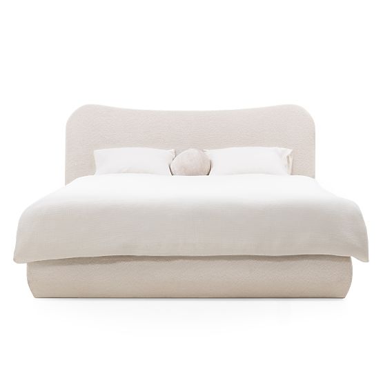 Lit rembourré Derry 140x200 cm, avec sommier et espace de rangement, arrondi, beige