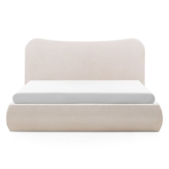 Lit rembourré Derry 140x200 cm, avec sommier et espace de rangement, arrondi, beige