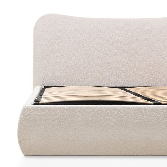 Lit rembourré Derry 140x200 cm, avec sommier et espace de rangement, arrondi, beige