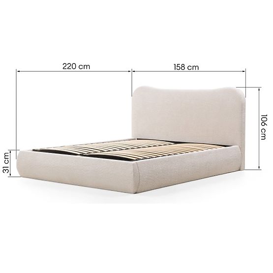 Lit rembourré Derry 140x200 cm, avec sommier et espace de rangement, arrondi, beige