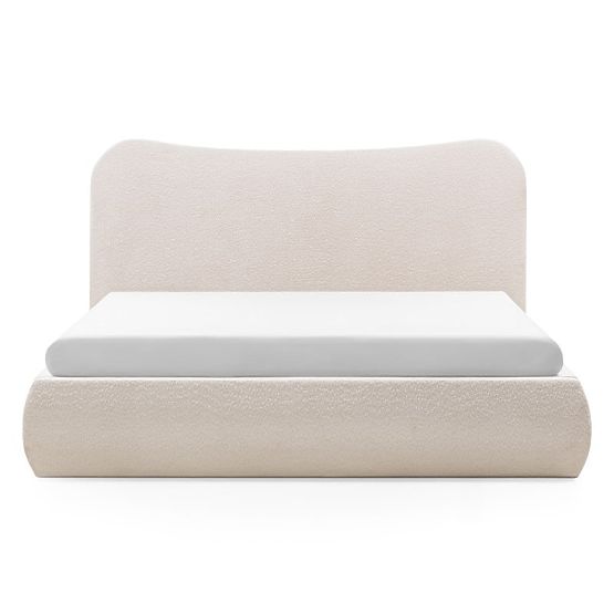 Lit rembourré Derry 160x200 cm, avec sommier et espace de rangement, arrondi, beige