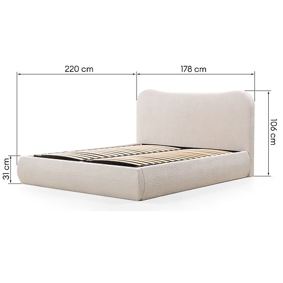 Lit rembourré Derry 160x200 cm, avec sommier et espace de rangement, arrondi, beige