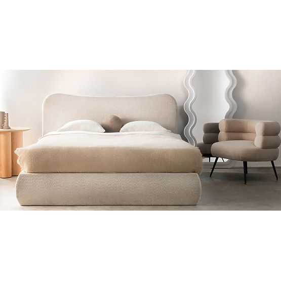 Lit rembourré Derry 160x200 cm, avec sommier et espace de rangement, arrondi, beige