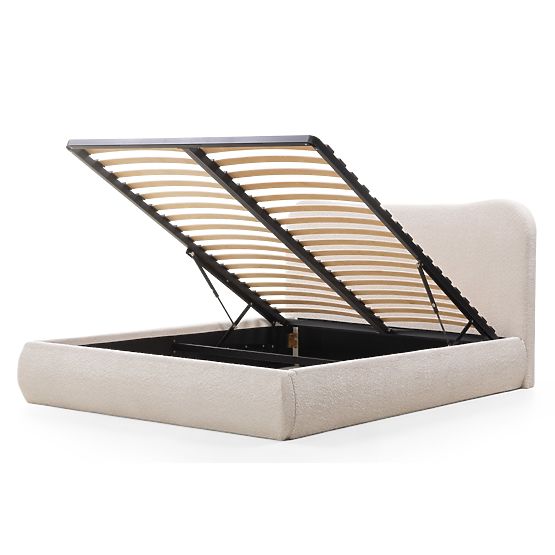 Lit rembourré Derry 160x200 cm, avec sommier et espace de rangement, arrondi, beige