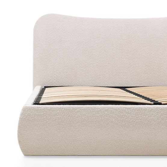 Lit rembourré Derry 160x200 cm, avec sommier et espace de rangement, arrondi, beige