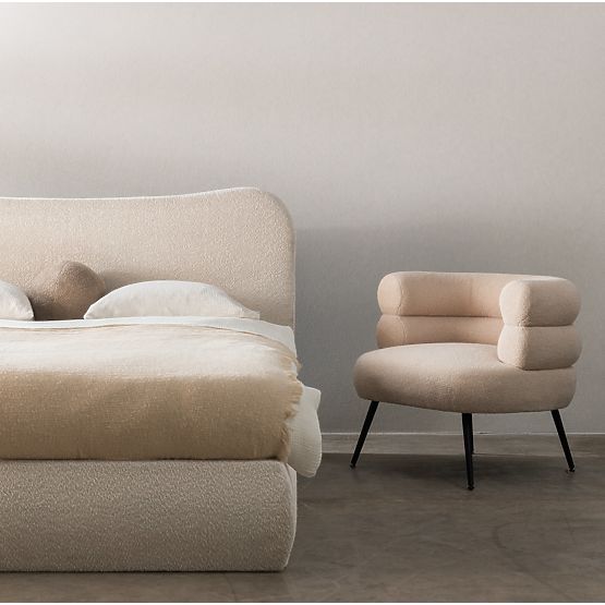 Lit rembourré Derry 160x200 cm, avec sommier et espace de rangement, arrondi, beige