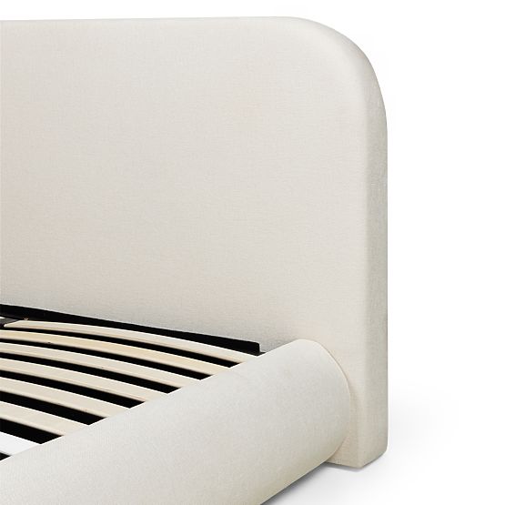 Lit rembourré Lumi 160x200 cm, avec sommier et espace de rangement, arrondi, beige clair