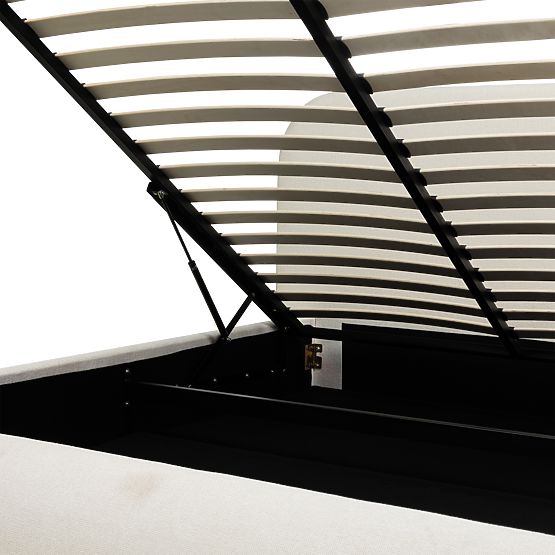 Lit rembourré Lumi 160x200 cm, avec sommier et espace de rangement, arrondi, beige clair