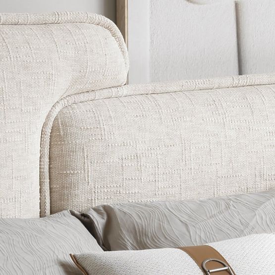 Lit rembourré Nestia 160x200 cm, avec sommier et espace de rangement, beige clair, arrondi