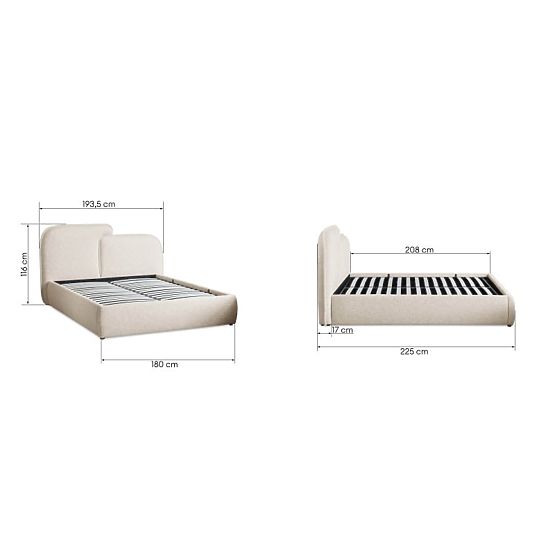 Lit rembourré Nestia 160x200 cm, avec sommier et espace de rangement, beige clair, arrondi