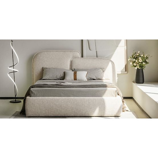 Lit rembourré Nestia 160x200 cm, avec sommier et espace de rangement, beige clair, arrondi