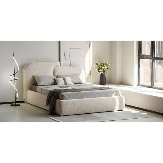 Lit rembourré Nestia 160x200 cm, avec sommier et espace de rangement, beige clair, arrondi
