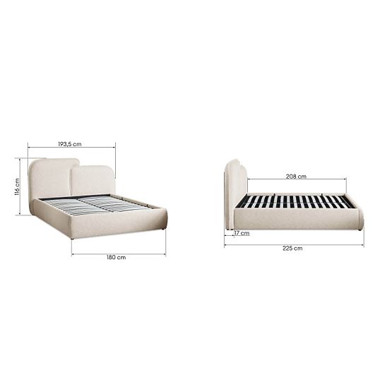 Lit rembourré Nestia 160x200 cm, avec sommier et espace de rangement, beige clair, arrondi