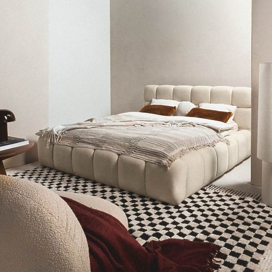 Lit rembourré Nexo 160x200 cm, avec sommier et espace de rangement, beige clair, formes arrondies