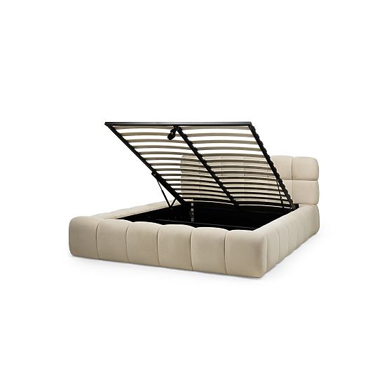 Lit rembourré Nexo 160x200 cm, avec sommier et espace de rangement, beige clair, formes arrondies