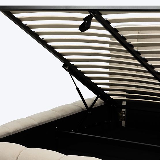 Lit rembourré Nexo 160x200 cm, avec sommier et espace de rangement, beige clair, formes arrondies