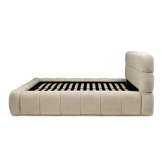 Lit rembourré Nexo 160x200 cm, avec sommier et espace de rangement, beige clair, formes arrondies