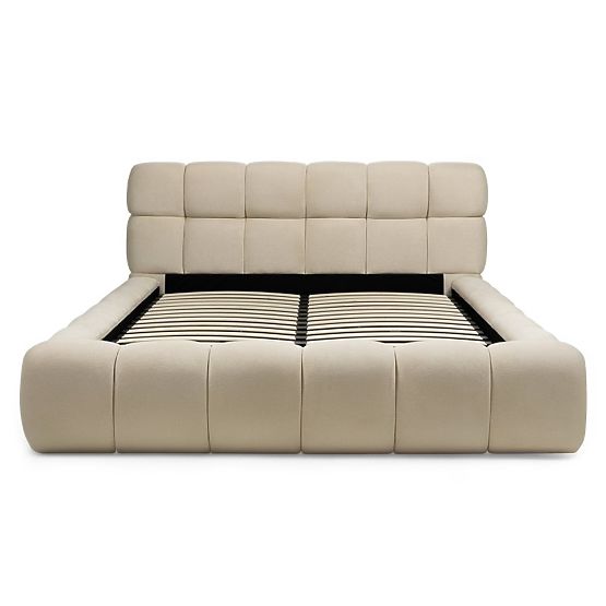 Lit rembourré Nexo 160x200 cm, avec sommier et espace de rangement, beige clair, formes arrondies