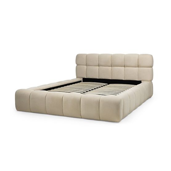 Lit rembourré Nexo 160x200 cm, avec sommier et espace de rangement, beige clair, formes arrondies