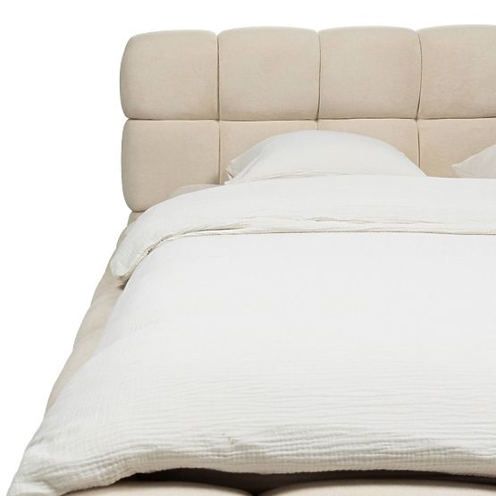 Lit rembourré Nexo 160x200 cm, avec sommier et espace de rangement, beige clair, formes arrondies