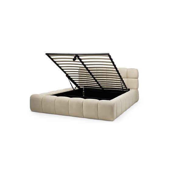 Lit rembourré Nexo 160x200 cm, avec sommier et espace de rangement, beige clair, formes arrondies